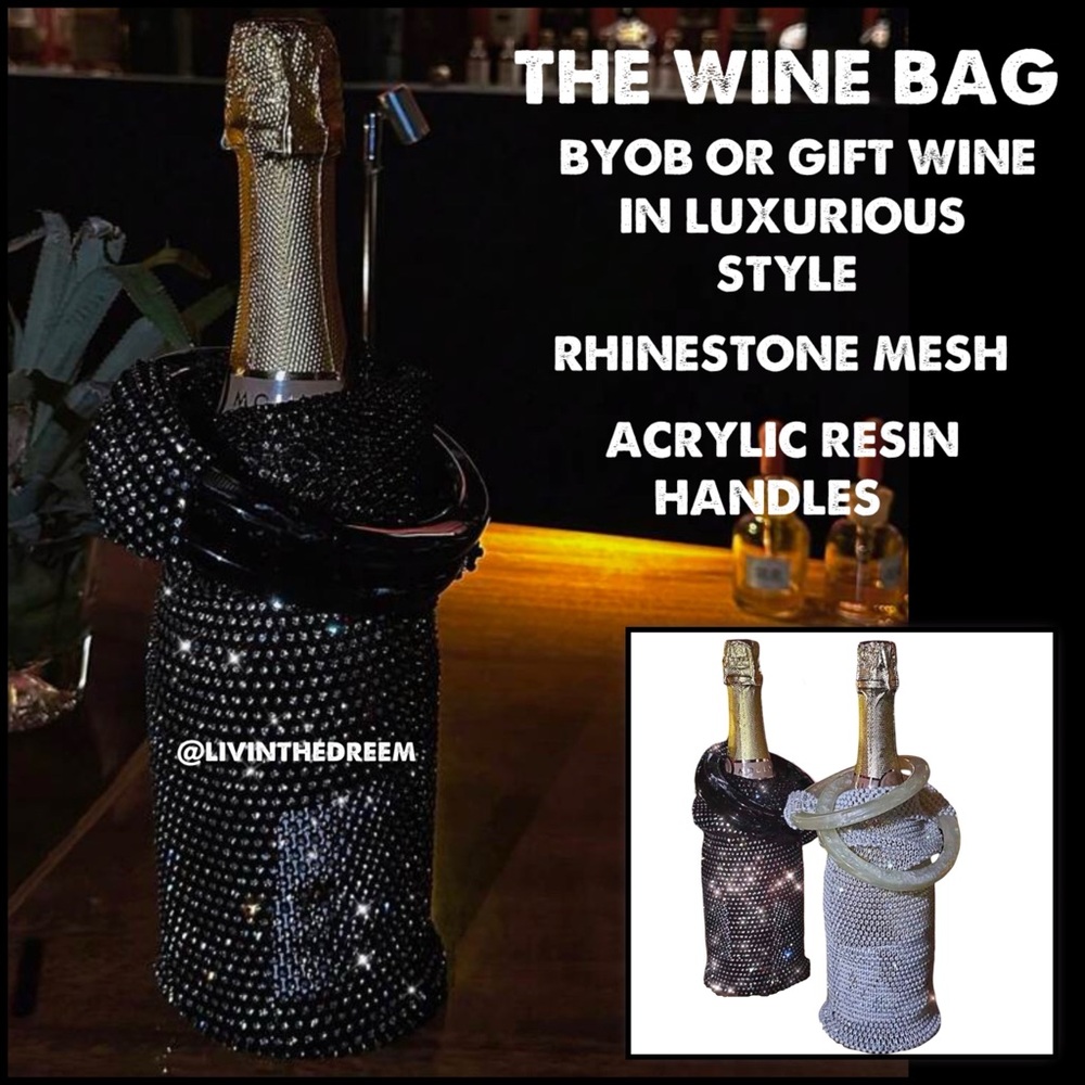 THE WINE BAG Handwoven sparkly mesh wine bag with acrylic resin handle $49